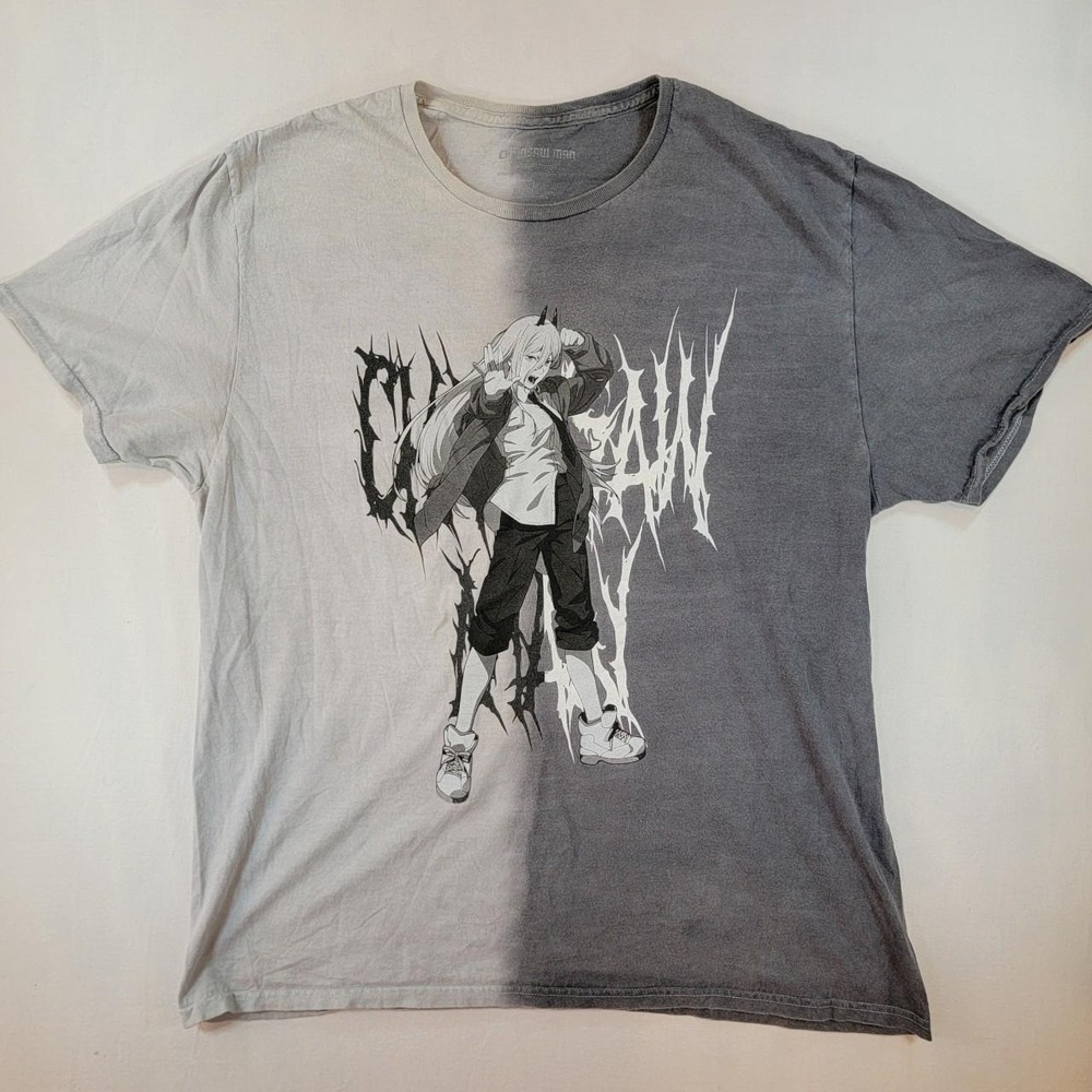 Chainsaw Man Power Anime Graphic Tee Split Dye Two Tone Grey Shirt Large